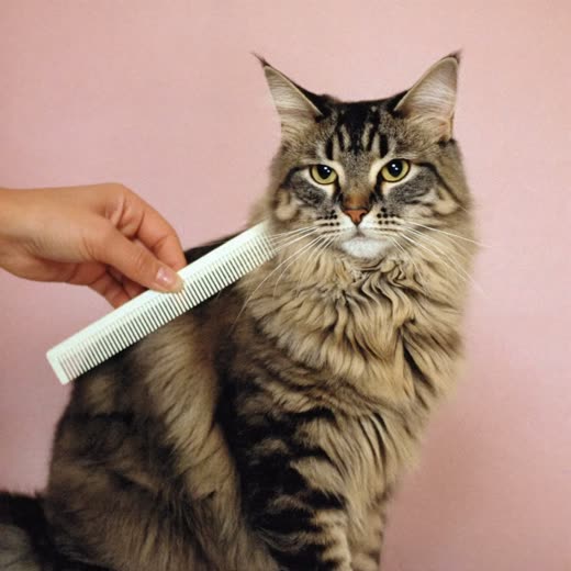 A long-haired cat being combed